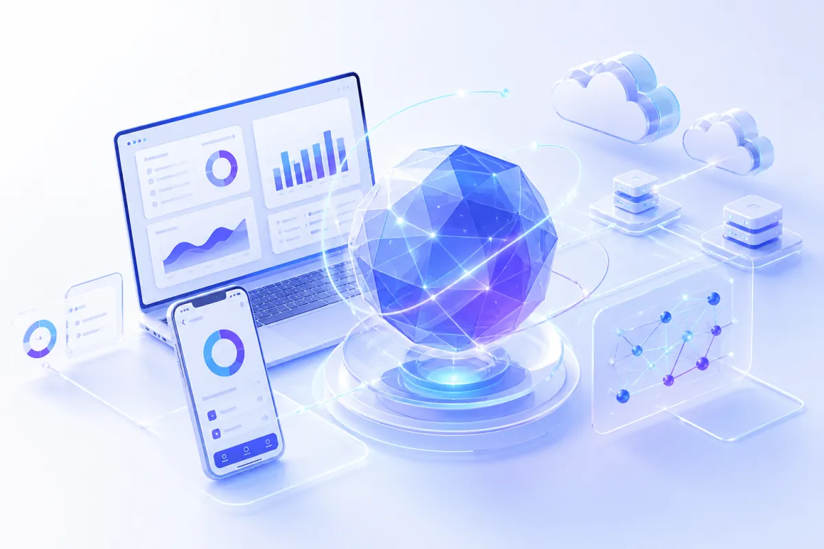 A digital product ecosystem with web analytics, mobile apps, cloud platforms, and connected AI technology