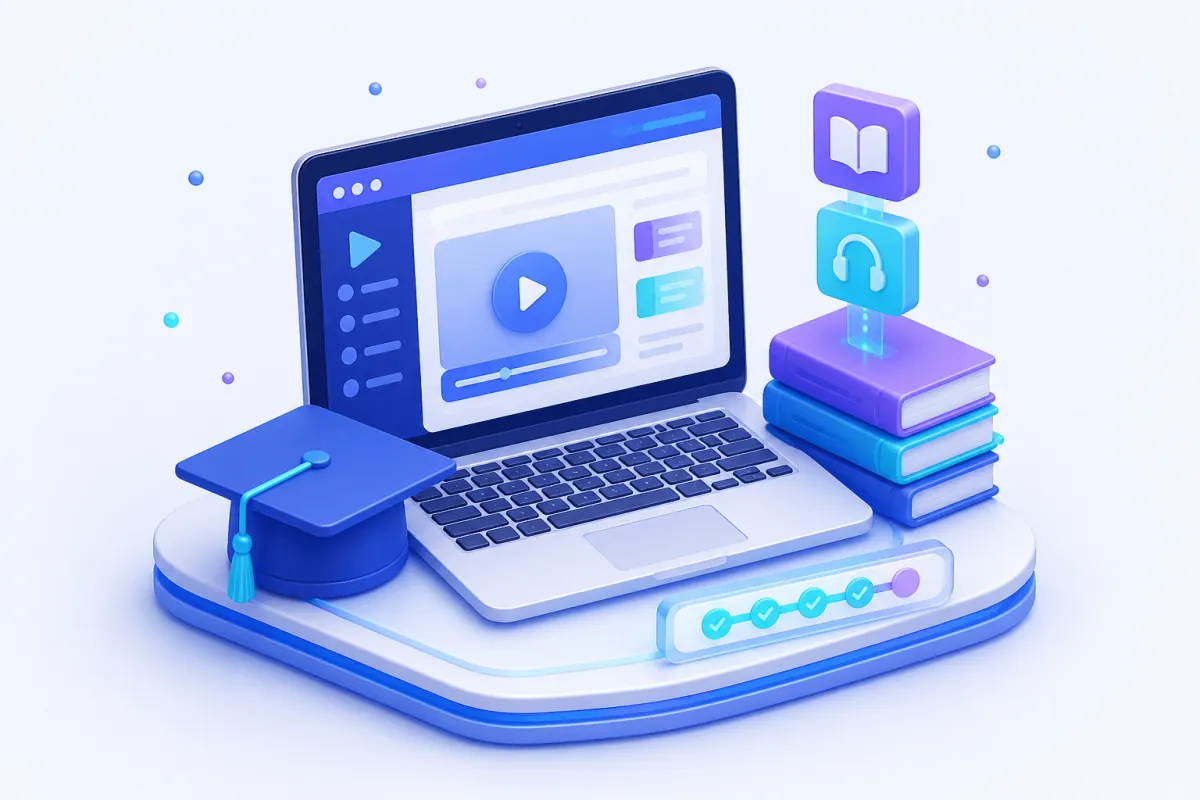 EdTech and e-learning software — a mortarboard on a stack of books