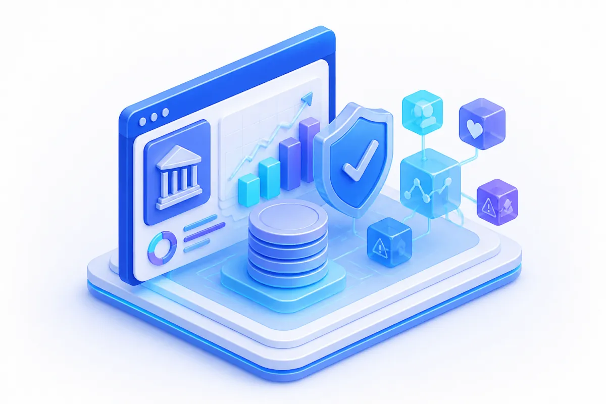 Finance and insurance software — coin stacks beside a rising chart