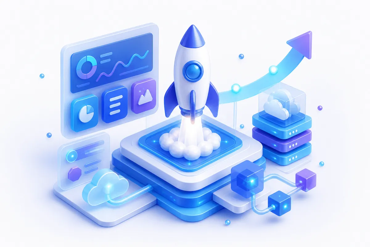 Startup and SaaS platforms — a launch vehicle lifting off its pad