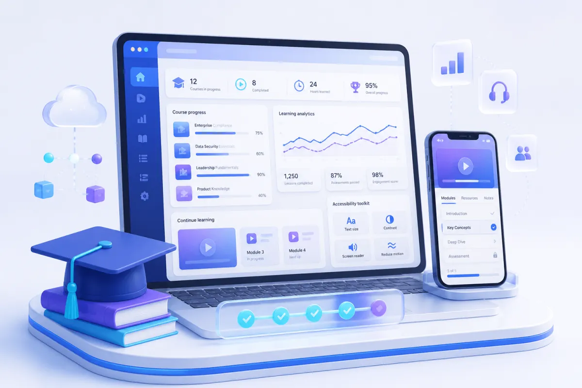 An e-learning platform shown across a course dashboard and mobile learning application
