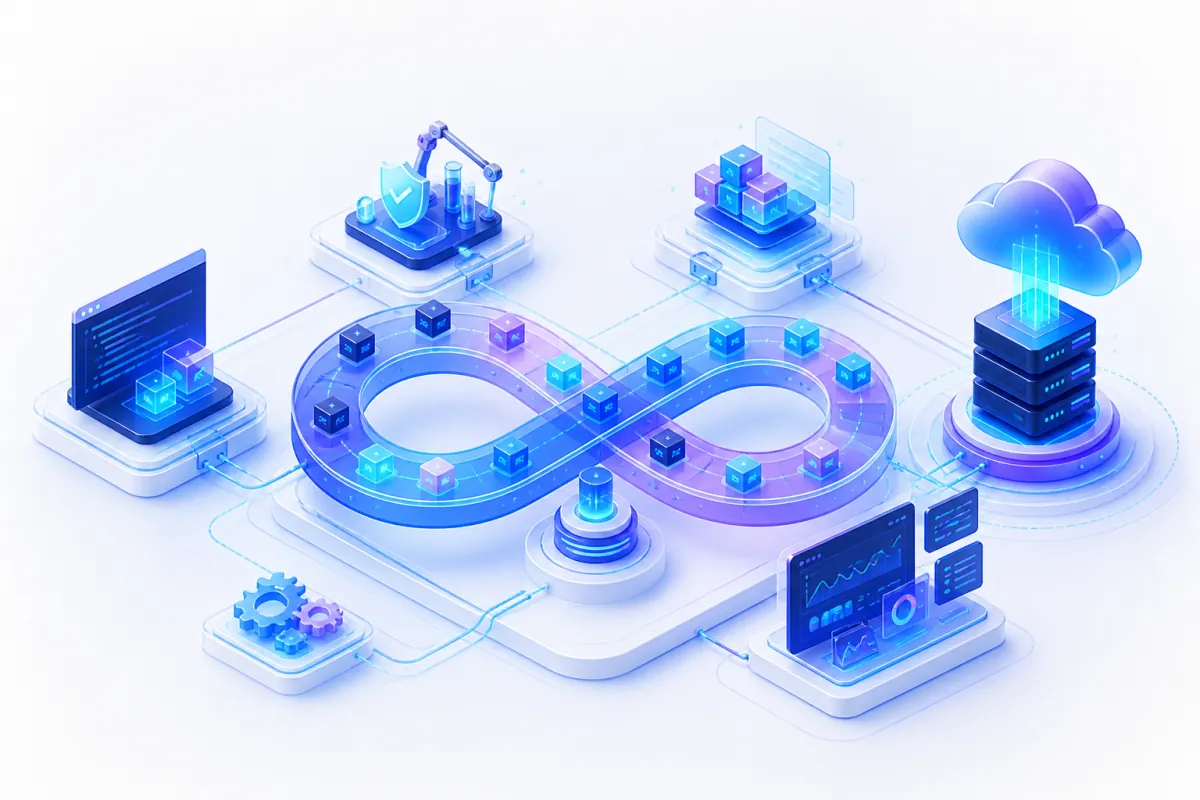 DevOps and CI/CD — a continuous delivery pipeline connecting code, tests, containers, and cloud deployment