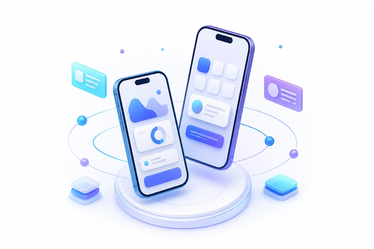 Mobile app development — a phone with a floating interface card
