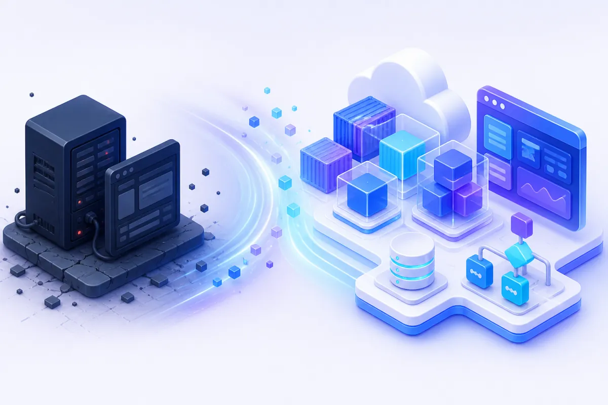 Software modernization — a legacy system transforming into modular cloud-native services