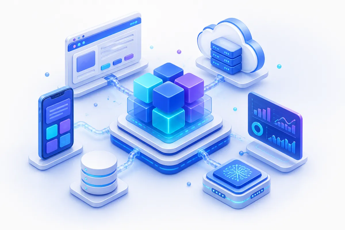 Connected software services spanning web, mobile, cloud, analytics, data, and AI